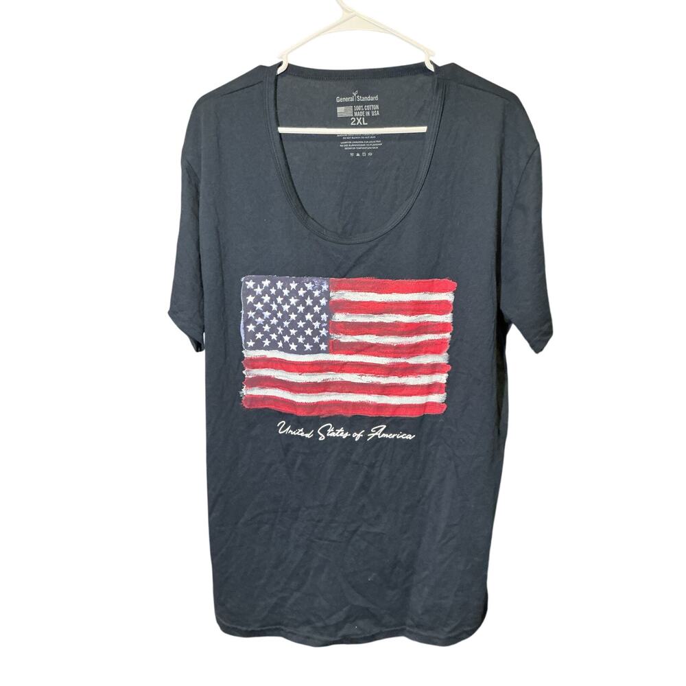 General Standard Patriotic Flag Tee Navy Blue Cap Sleeves Made in USA Size 2XL
